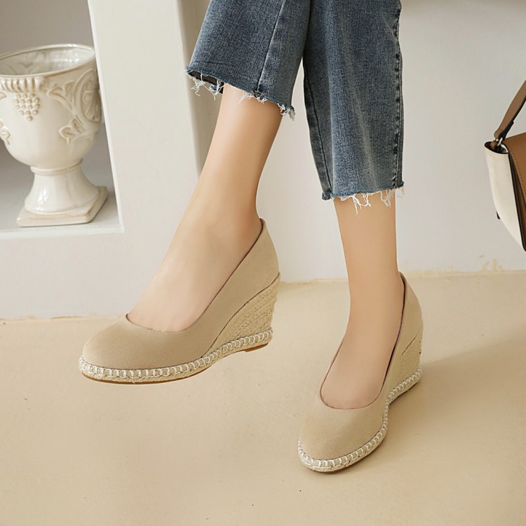 European And American Straw Woven Wedge Heel Fisherman Shoes Khaki - Shop at LoveMi