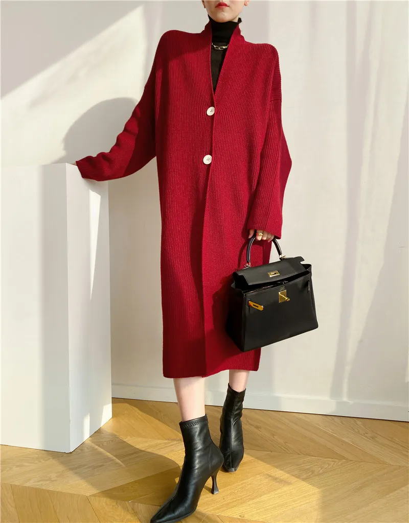 Temperament Type Mid-length Cardigan Sweater Coat Women Autumn And Winter - Red