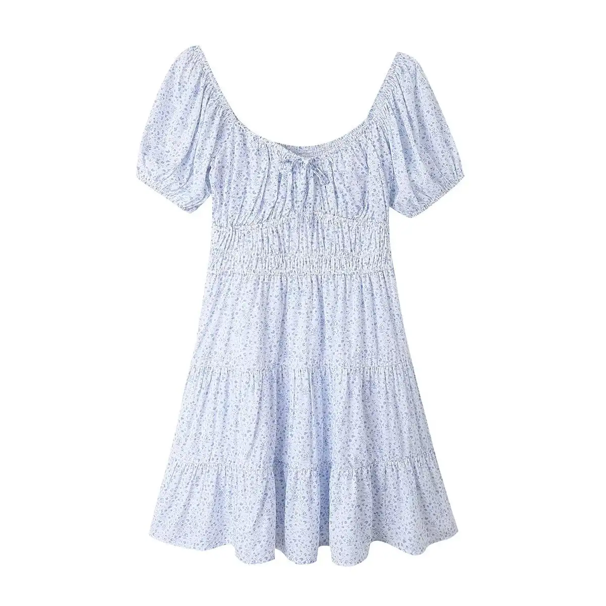 Women's Fashion Temperament Square Collar Short Sleeve Skirt Floral Dress
