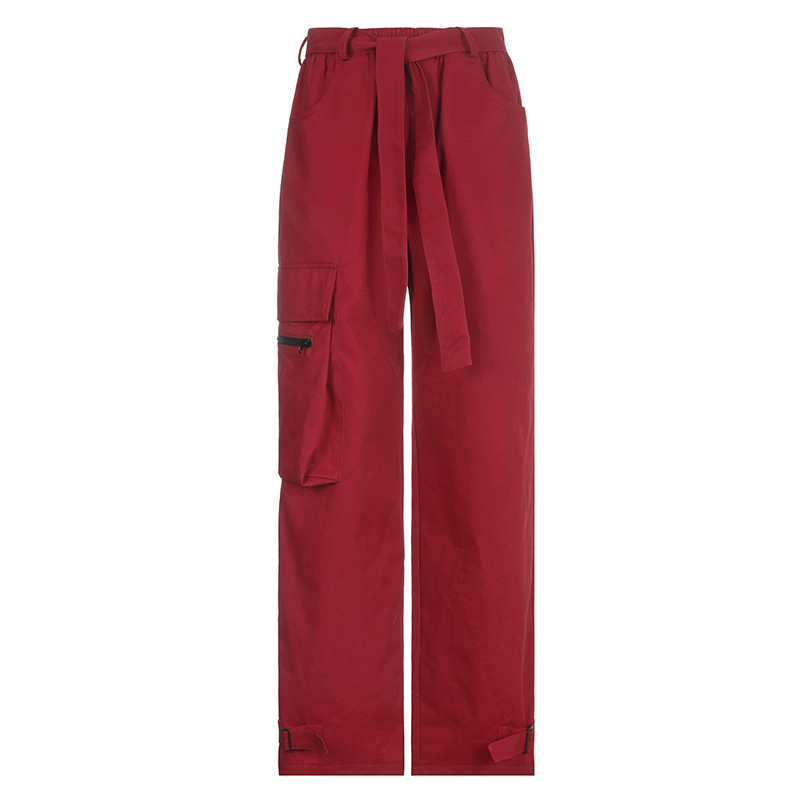 Hip Hop Wide Belted Red Cargo Pants