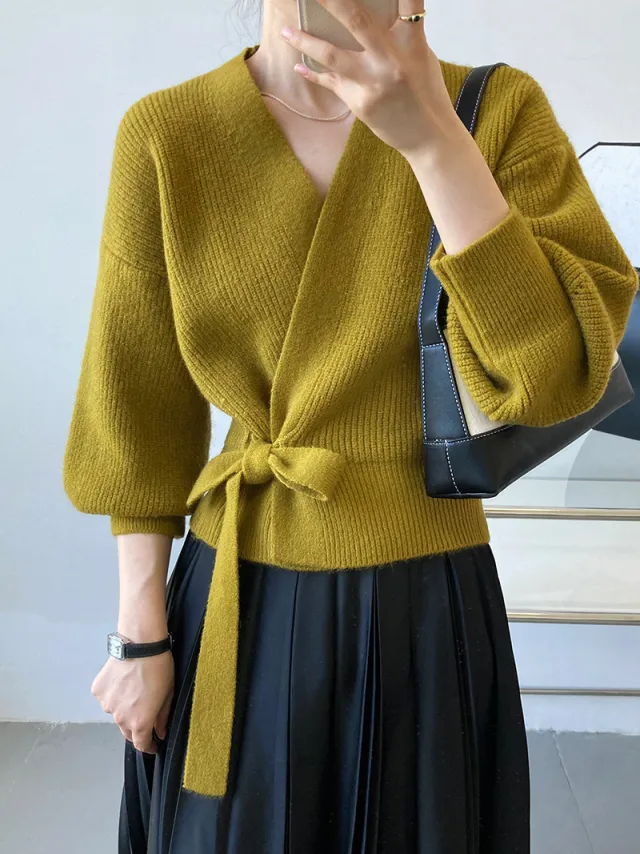 Knitted Cardigan Women's V neck Short Long sleeved Shirt Ginger One Size - Shop at LoveMi
