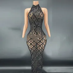 Black Diamond Dress On Black Background Nightclub Bar Female Singer Costume Stage Costume - Black - View 1
