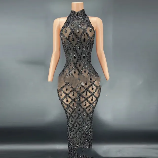 Black Diamond Dress On Black Background Nightclub Bar Female Singer Costume Stage Costume Black - Shop at LoveMi