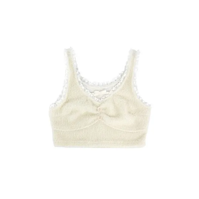 New Bow Soft Waxy Feather Yarn Plush Sling Lace Vest Beige - Shop at LoveMi