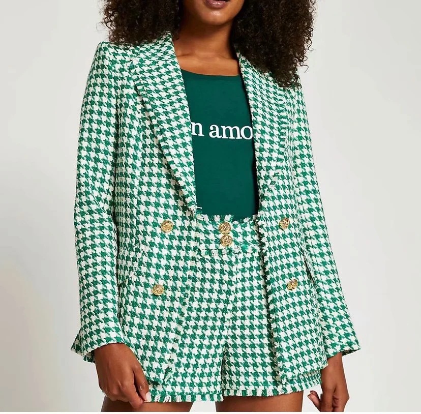 Houndstooth Double-breasted Blazer, Loose And Slim Long-sleeved Top