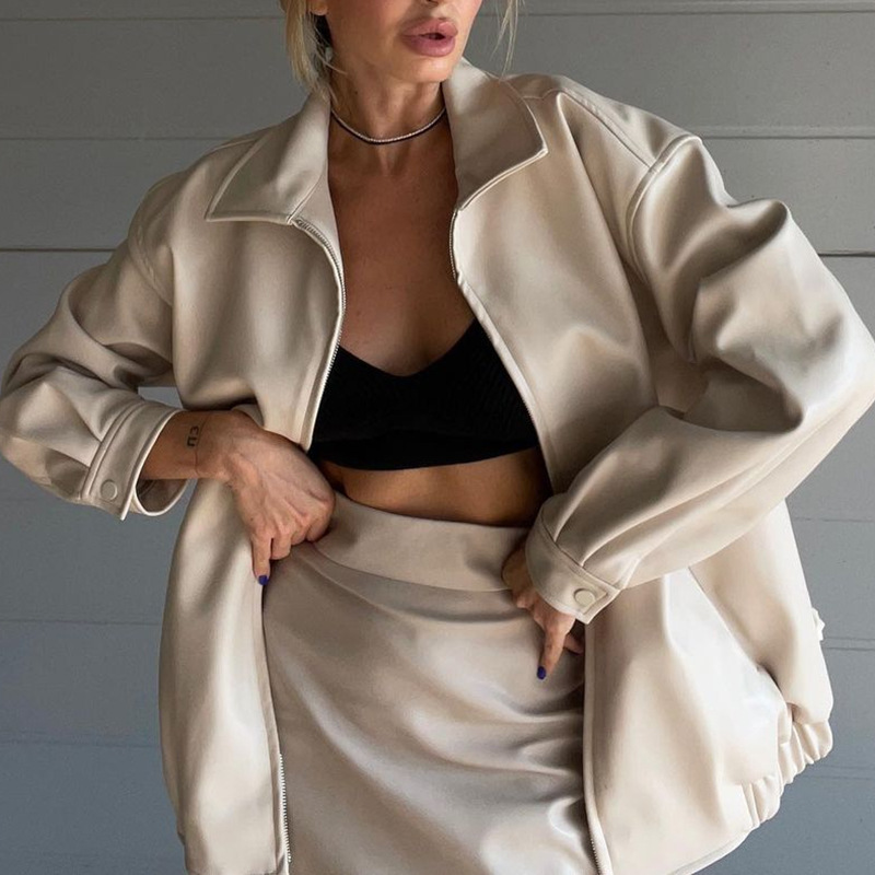 Women's Leather Solid Color Windbreaker Zipper Loose Coat