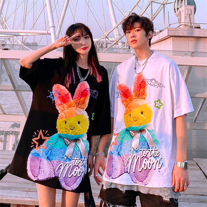 Men's And Women's Casual Rabbit Print Round Neck Loose Short Sleeves