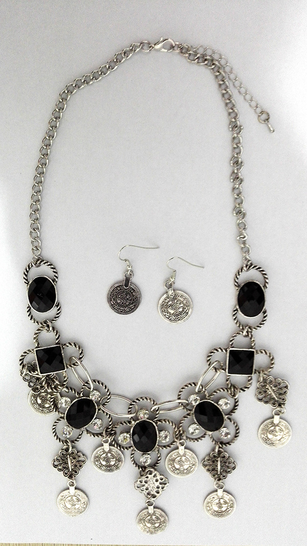 Vintage Inlaid Gemstone Carved Tassel Coin Necklace