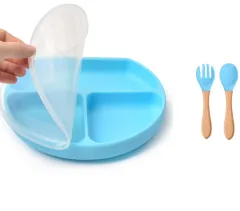 Baby Food Supplement Spoon Integrated Silicone Dinner Plate Set - Blue - View 1
