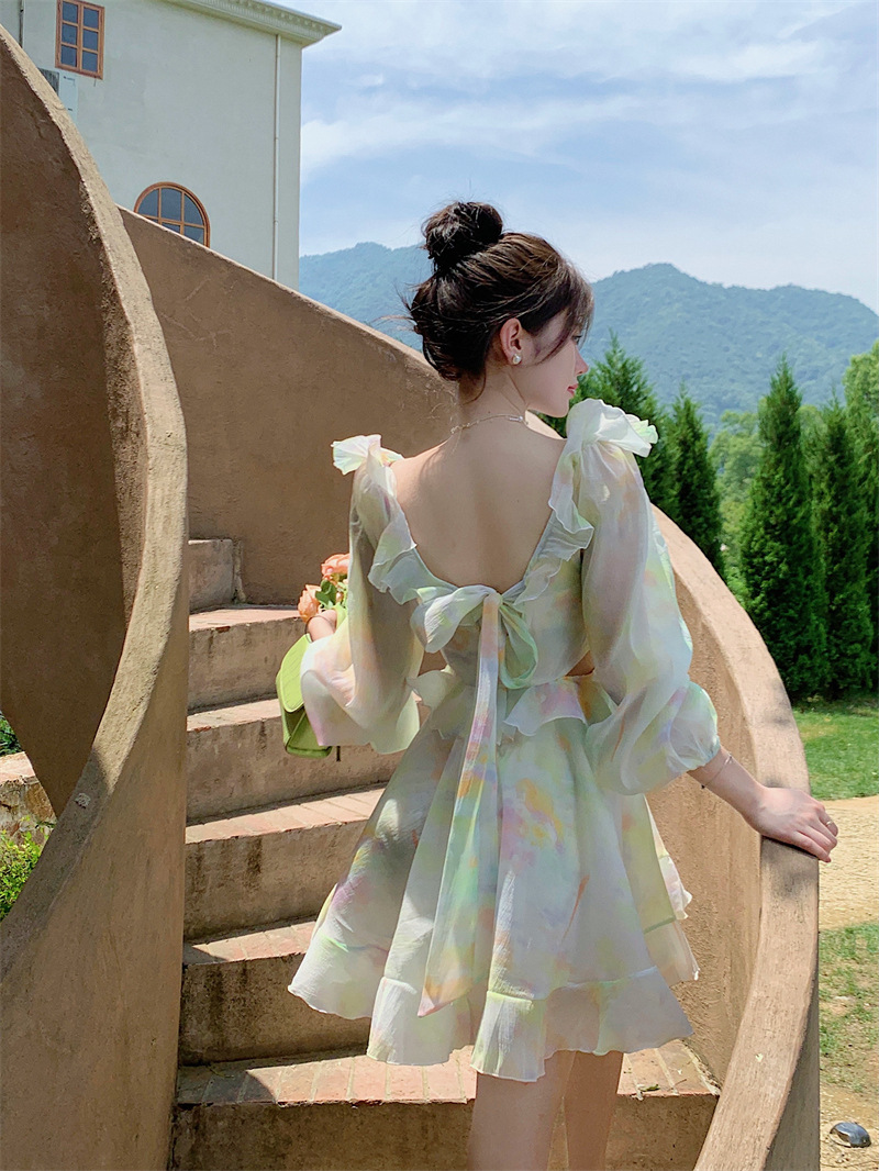 Super Fairy Lotus Leaf Edge Holiday Long-sleeved Floral Dress