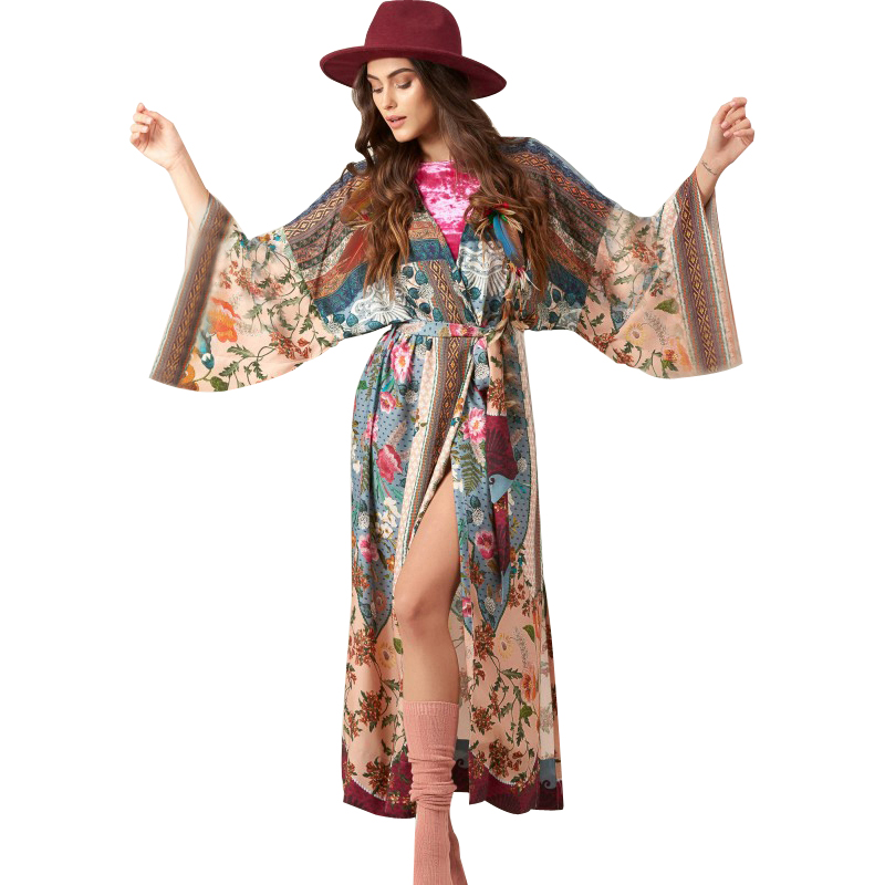 Title 6, Rayon Printed Robe With Loose Waist Cardigan