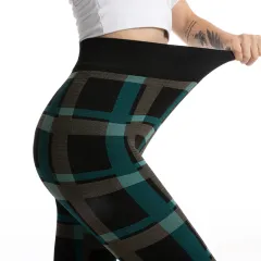 Women's High Elastic Goddess Plaid Jacquard Leggings - Green - View 1