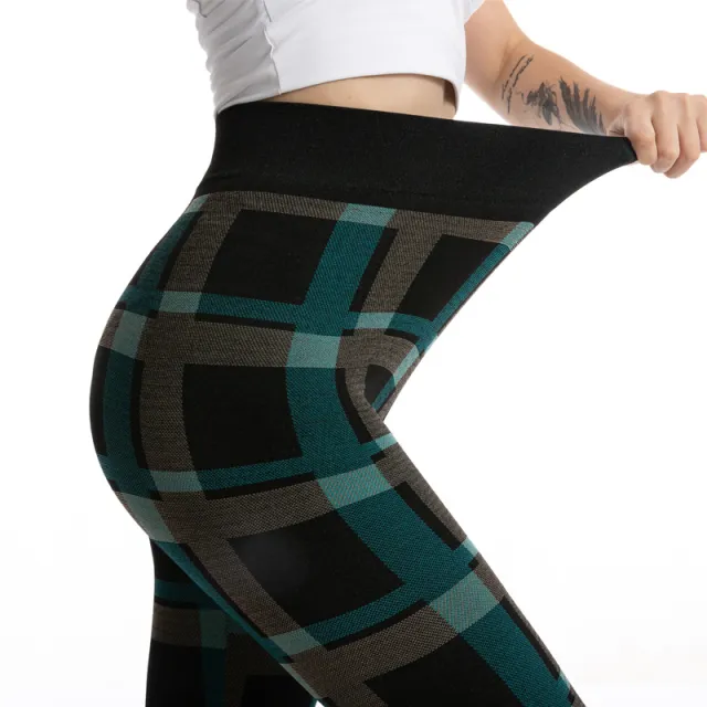 Women's High Elastic Goddess Plaid Jacquard Leggings Green - Shop at LoveMi
