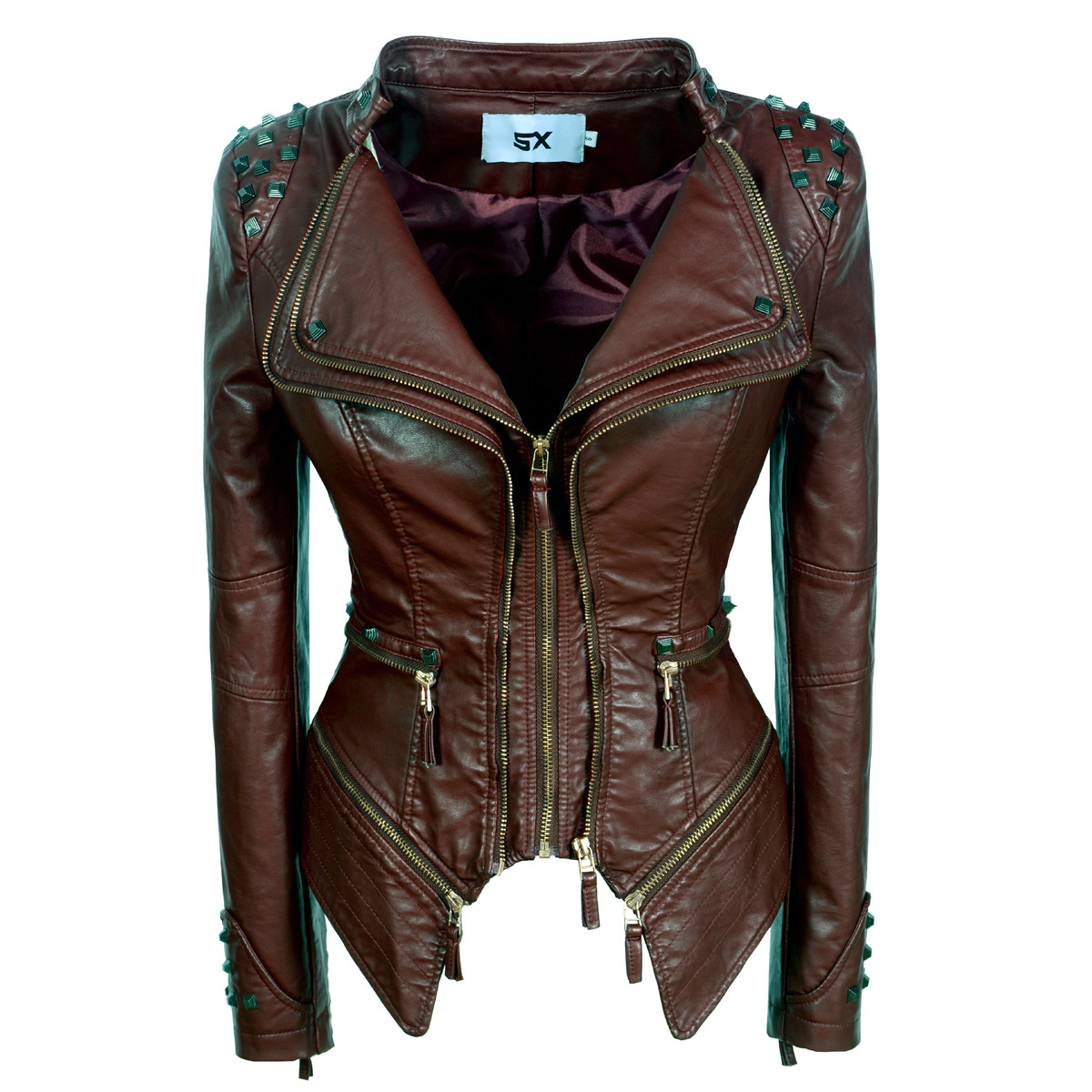 Women's Rivet Slim Washed Leather Motorcycle Jacket Wine - Shop at LoveMi