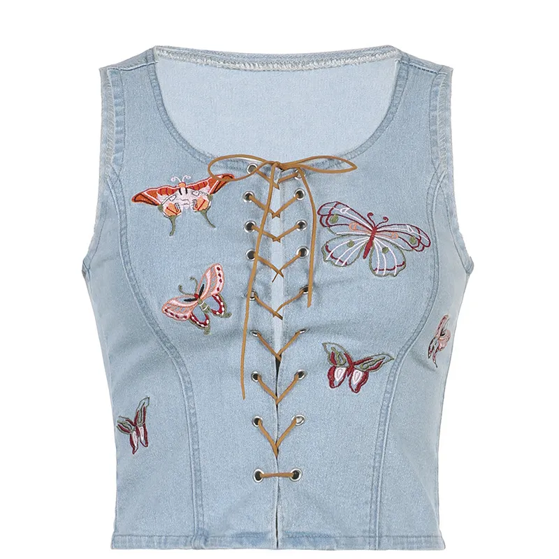 Butterfly Embroidered Cropped Lace-Up Denim Tank Top - Blue