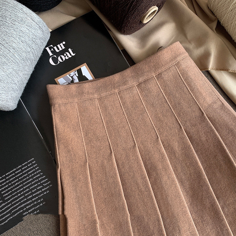 Pleated Women's Skirt New Wool Cloth Thickened High Waist Mocha Xl - Shop at LoveMi
