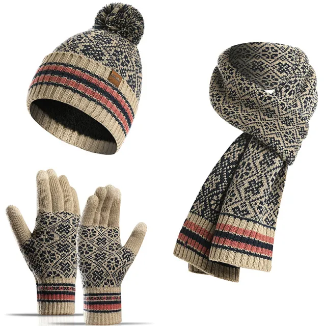 Three piece Acrylic Knitted Wool Hat Scarf Gloves Set Beige - Shop at LoveMi