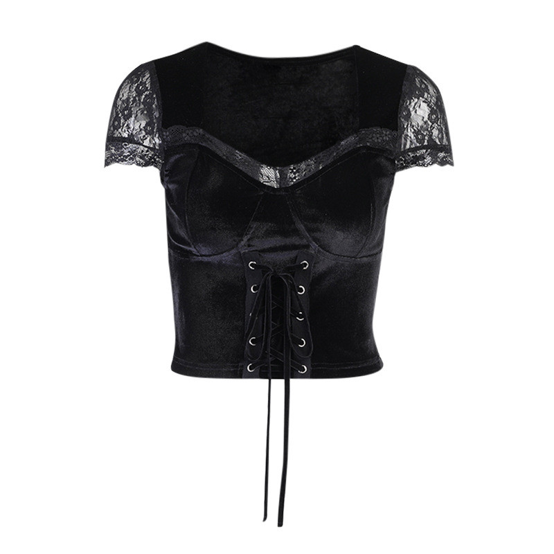 European And American Sexy Street Lace Suede Stitching Square Collar Short Sleeves