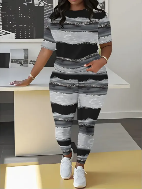 Women's Printed Round Neck T Shirt And Leggings Set Multicolour - Shop at LoveMi