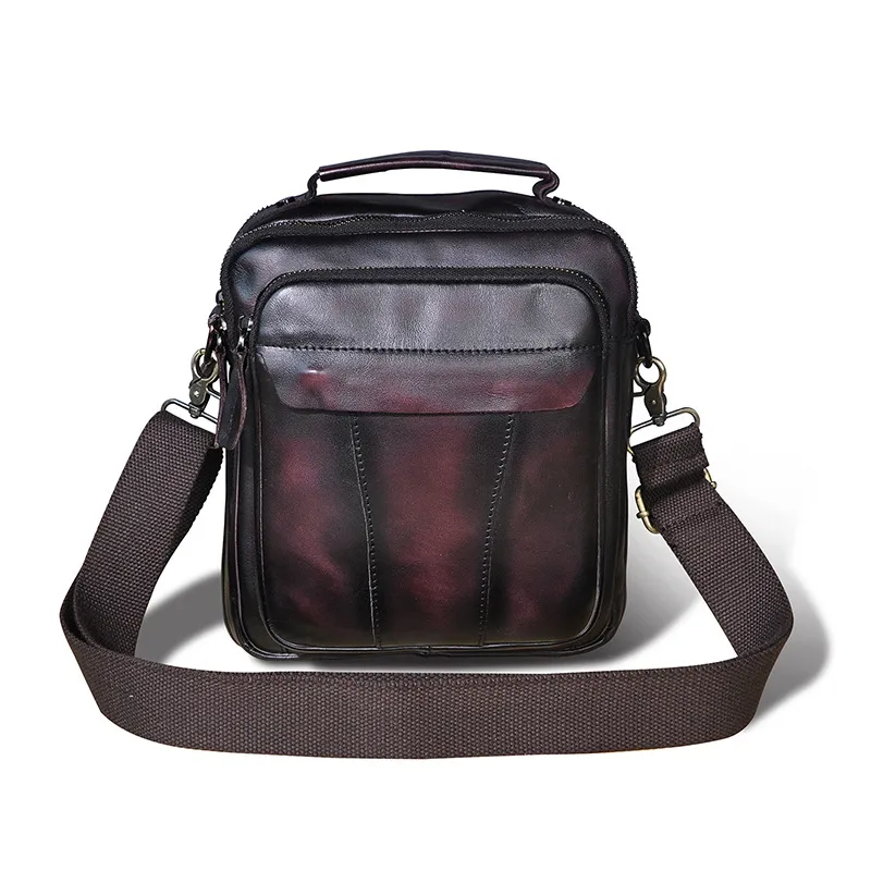 Crazy Horse Leather Retro Men's 8-inch One-shoulder Diagonal Bag - Black