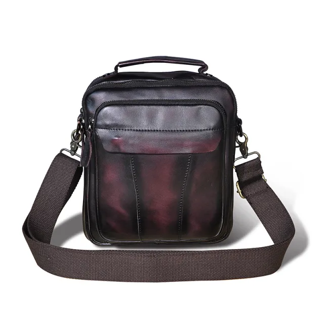 Crazy Horse Leather Retro Men's 8 inch One shoulder Diagonal Bag Wine - Shop at LoveMi