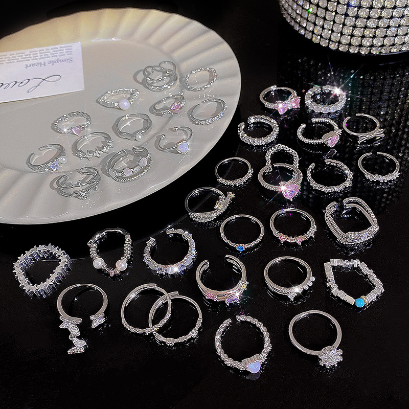 1PCS Ins Style Silver Zircon Ring For Women, Light Luxury Minimalist Design, Adjustable Open Band, Versatile Elegant Jewelry