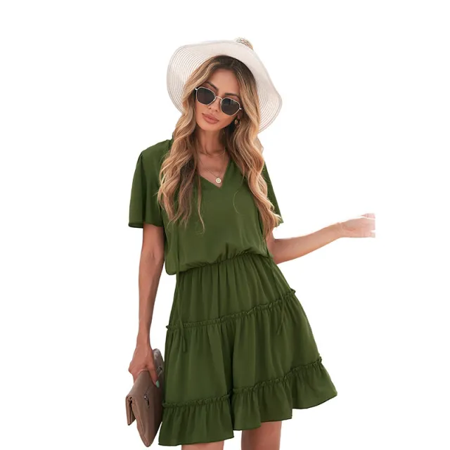 V neck Tie Decorated High waisted Ruffle Cake Skirt Green - Shop at LoveMi
