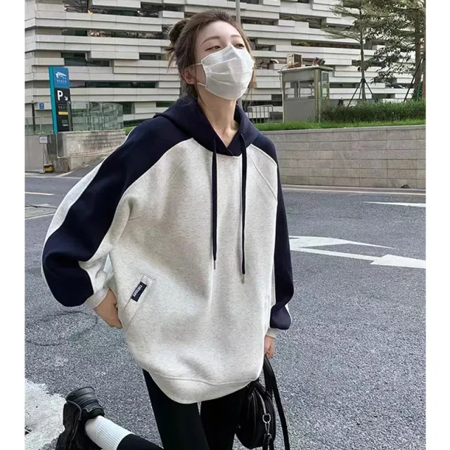 Retro Hooded Contrast Color Sweatshirt Women's Baggy Coat Picture Color Xl - Shop at LoveMi