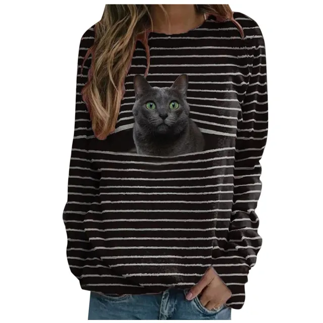 T Shirt Women's Fashion Stripe Top With Long Sleeve Green Eyed Cat - Shop at LoveMi