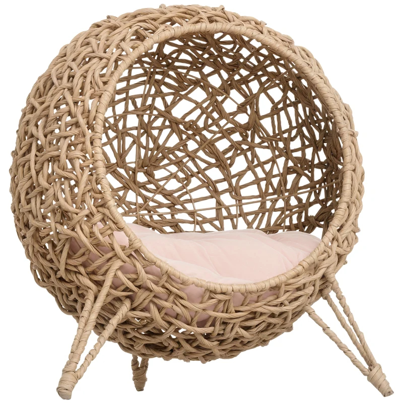 Weaved Cat Bed, Elevated Hand-woven Braided Banana Leaf Kitten House Condo With Cushion, Beige