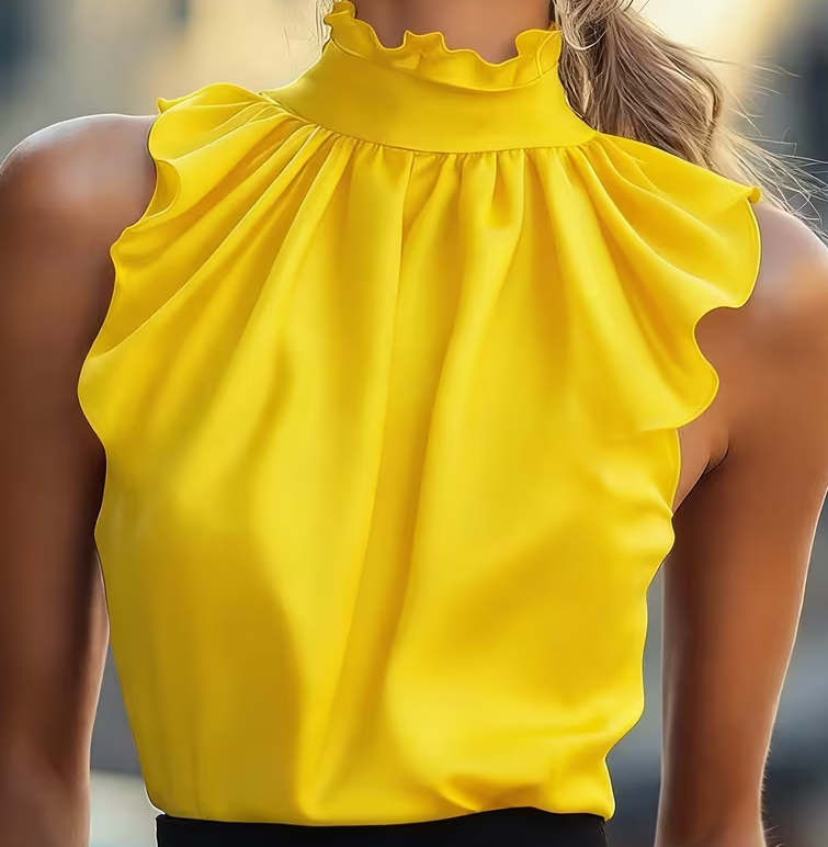 Elegant Ruffled Sleeveless Stand Collar Top For Women