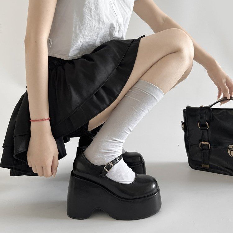 Women Gothic Platform Mary Jane Shoes Round Toe Buckle Strap Super High Wedge Punk Pumps