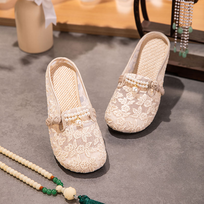 Embroidered Mesh Pearl Mule Slippers — detail view 1
