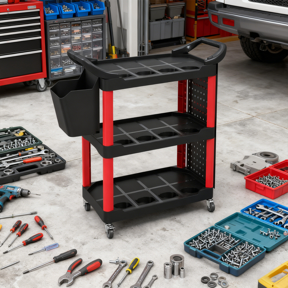 3-Tier Rolling Tool Cart, 200 LBS Capacity Plastic Utility Cart With Side Shelf And Storage Bucket, Tikt0k Sales Prohibited