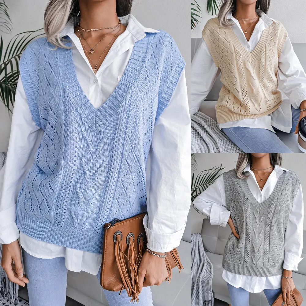 Hollowed Out Twist V-neck Knitted Vest Sweater