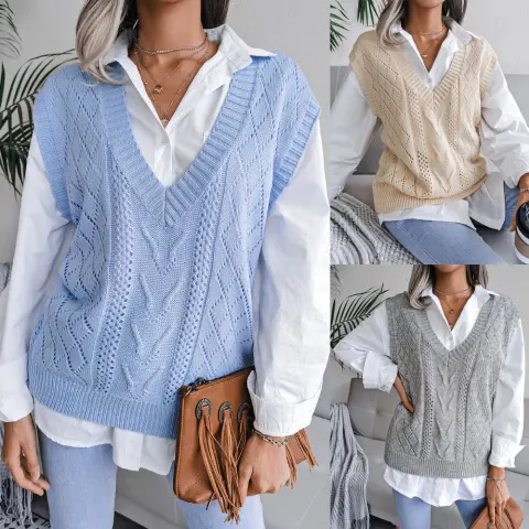 Hollowed Out Twist V-neck Knitted Vest Sweater