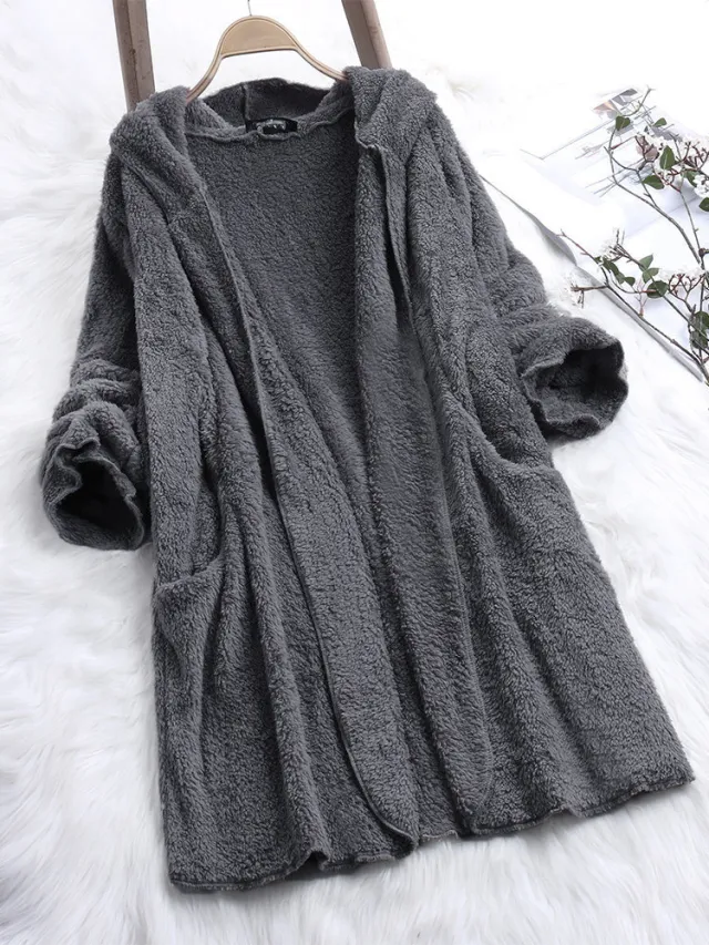Casual Solid Color Long sleeved Hooded Plush Jacket Grey - Shop at LoveMi