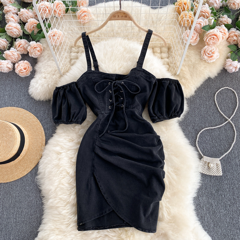 Summer Women's Scheming Pleated Slim Short Denim Suspender Skirt