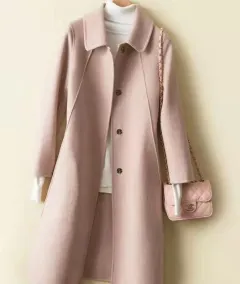 Double Faced Cashmere Womens Mid Length Loose Wool Coat - Pink - View 1