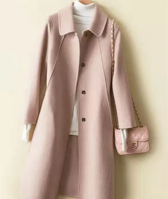 Double Faced Cashmere Womens Mid Length Loose Wool Coat - Pink