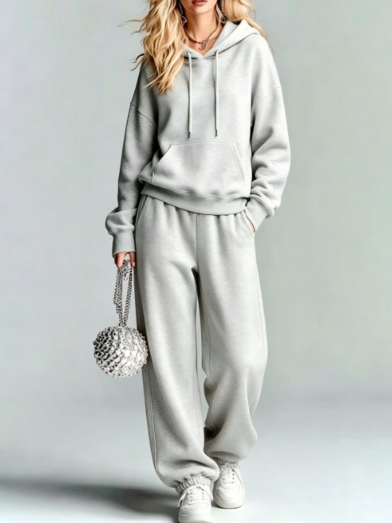 Lightweight Grey Loose Hooded Sweatshirt And Leg Binding Wide Leg Sweatpants Two-piece Sports Suit
