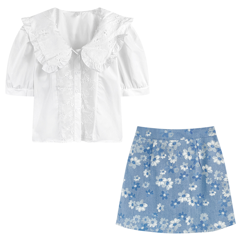 Doll Collar Short Sleeve Shirt High Waist Floral Skirt Two Piece Set