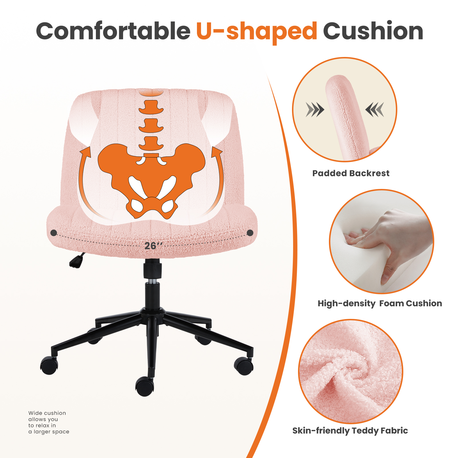 Office Desk Vanity Chair Cross Legged Armless Swivel Fabric Height Adjustable Wide Seat With Replaceable Wheels-Fixed Base, Comfy Task Chair Padded image 30