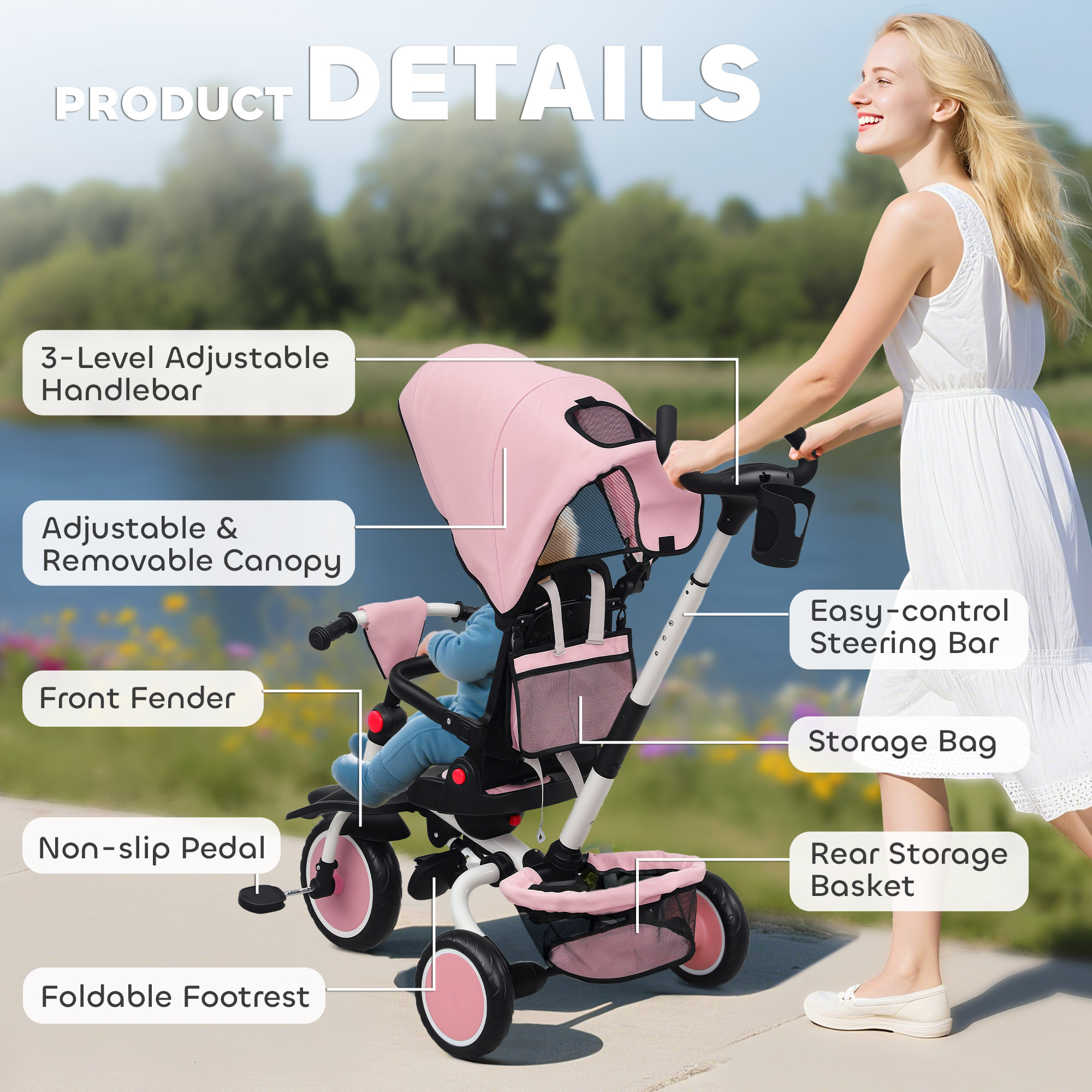 6-in-1 Foldable Children's Tricycle With Adjustable Parental Handle — image 3