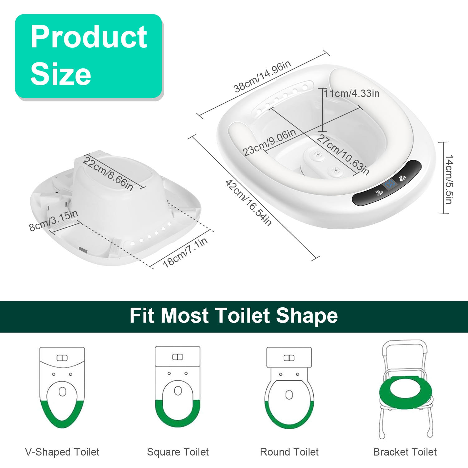 1Pc Electric Sitz Bath Tub Sits Bath Soak Pan Salts Bowl Postpartum Care Basin For Toilet Seat With Dual Nozzles 3-Level Water Flow Water Temperature Display 1800mAh Battery For Women Men