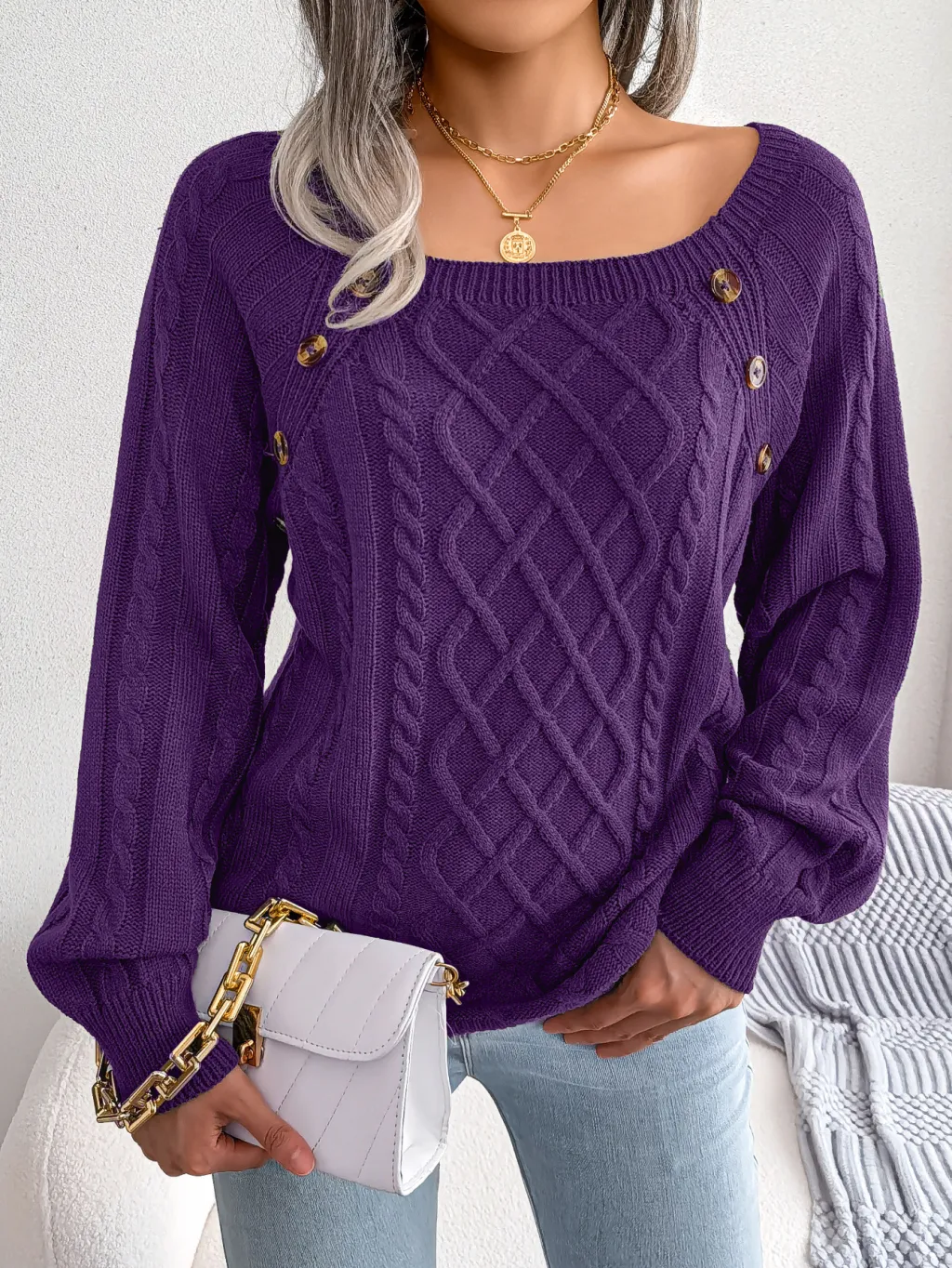 Square Neck Button Fried Dough Twists Knitting Pullover Sweater - Purple