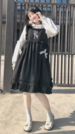 Solid Color Large Swing Hollow Heart Bow Vest Skirt Jsk - Black - View 1