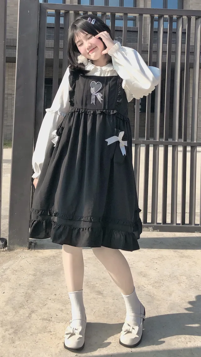 Solid Color Large Swing Hollow Heart Bow Vest Skirt Jsk Black - Shop at LoveMi