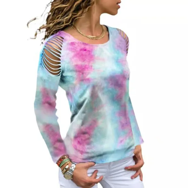 Tie Dye Ripped Floral Off The Shoulder Long Sleeve Tshirt Sky Blue - Shop at LoveMi