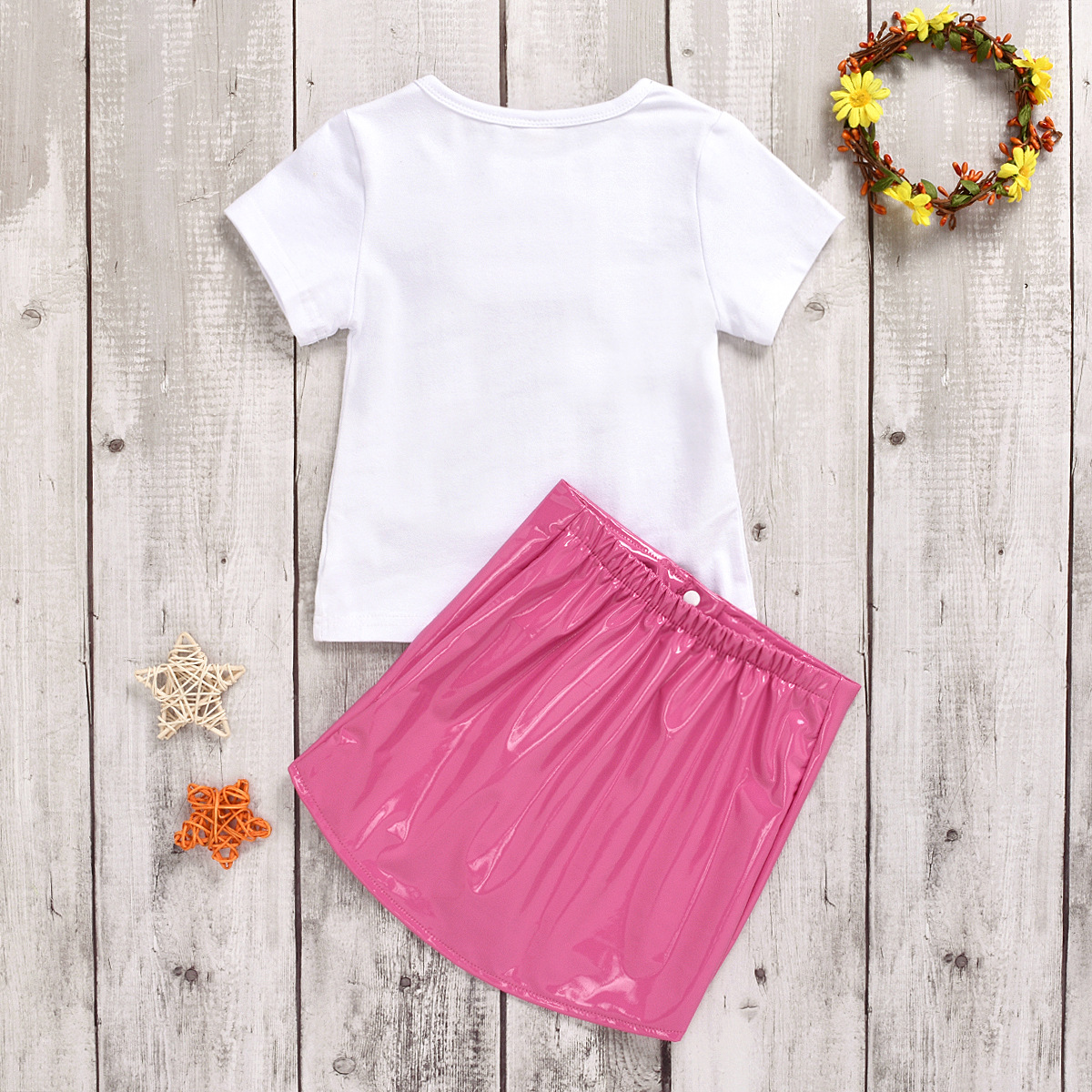 Girls' Sequined Cartoon Embroidery Short-sleeved Top Leather Stretch Skirt Suit